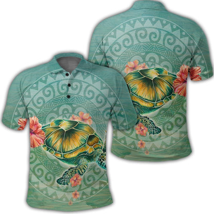 Hawaiian Turtle And Hibiscus Polynesian Polo Shirt - AH