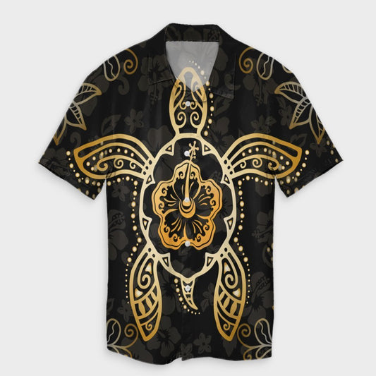 Hawaiian Turtle And Hibiscus Polynesian Hawaiian Shirt Gold - AH