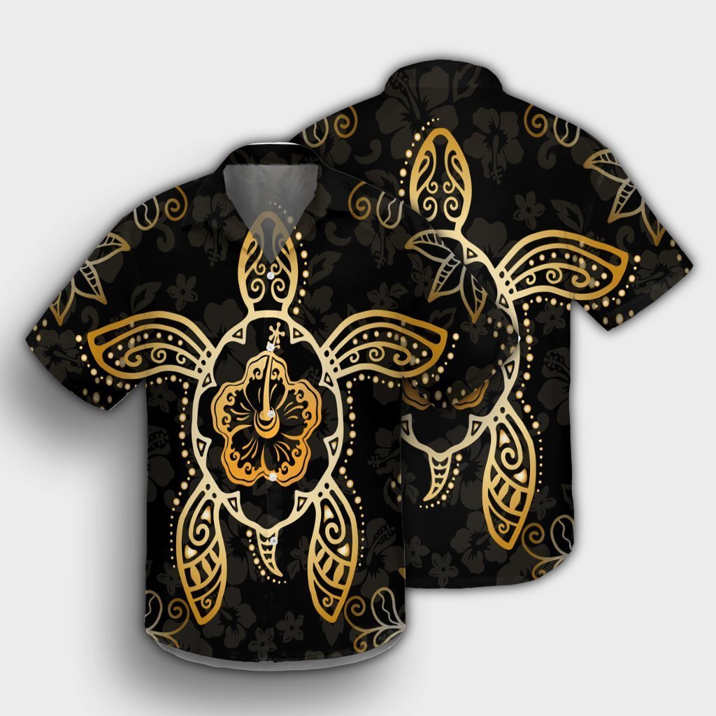 Hawaiian Turtle And Hibiscus Polynesian Hawaiian Shirt Gold - AH