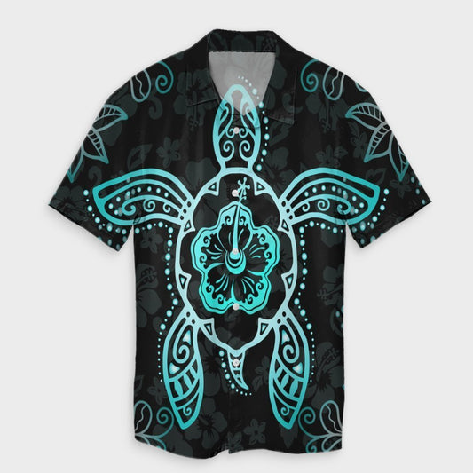 Hawaiian Turtle And Hibiscus Polynesian Hawaiian Shirt Turquoise - AH