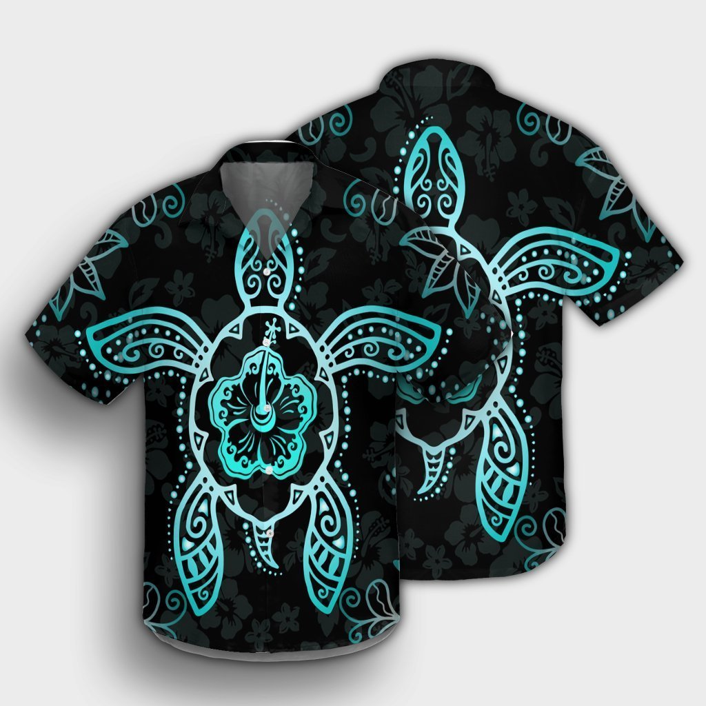 Hawaiian Turtle And Hibiscus Polynesian Hawaiian Shirt Turquoise - AH