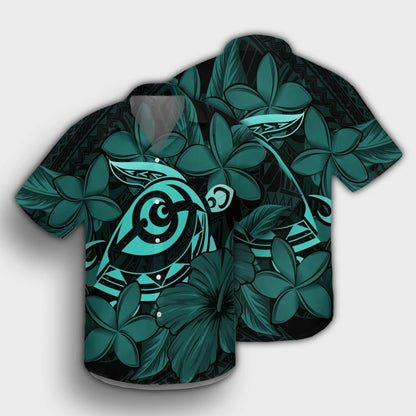 Hawaiian Turtle Hibiscus Plumeria Kanaka Polynesian Hawaiian Shirt Turquoise - Soft Style - AH