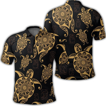 Hawaiian Turtle Pattern Golden Polo Shirt - AH