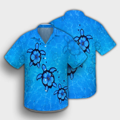 Hawaiian Turtle Swim In The OCean With Hibiscus Polynesian Hawaiian Shirt - AH