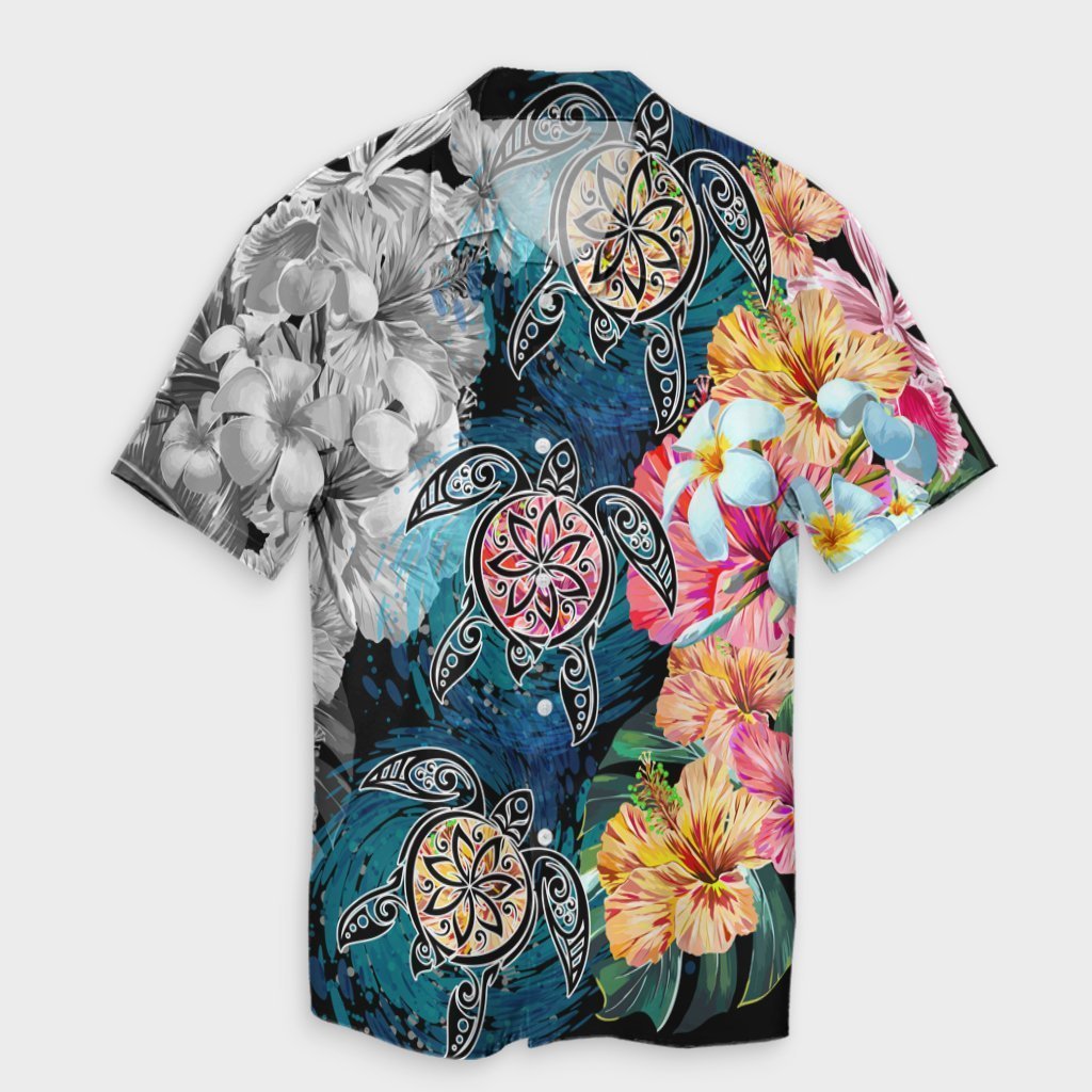 Hawaiian Turtle Swimming Wave Plumeria Hibiscus Polynesian Hawaiian Shirt - Garden Style - AH