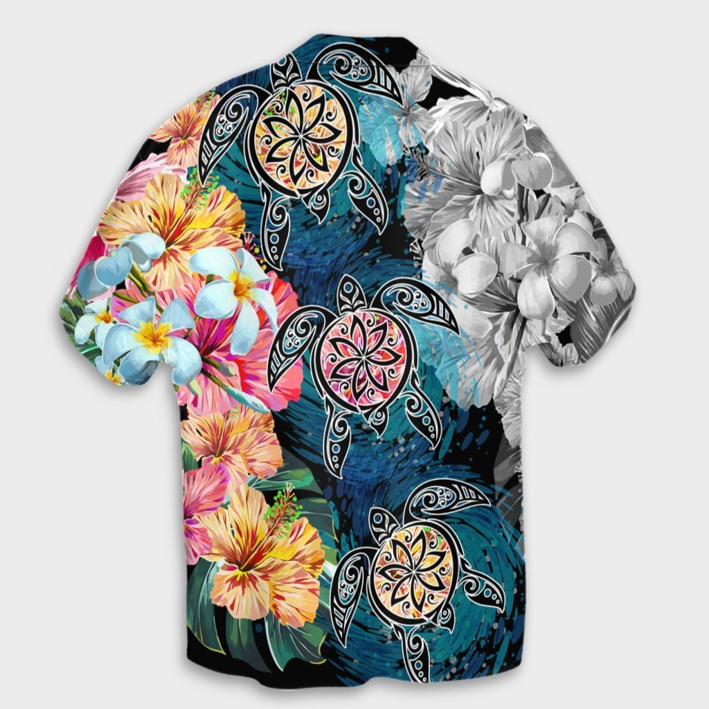 Hawaiian Turtle Swimming Wave Plumeria Hibiscus Polynesian Hawaiian Shirt - Garden Style - AH