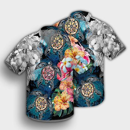 Hawaiian Turtle Swimming Wave Plumeria Hibiscus Polynesian Hawaiian Shirt - Garden Style - AH