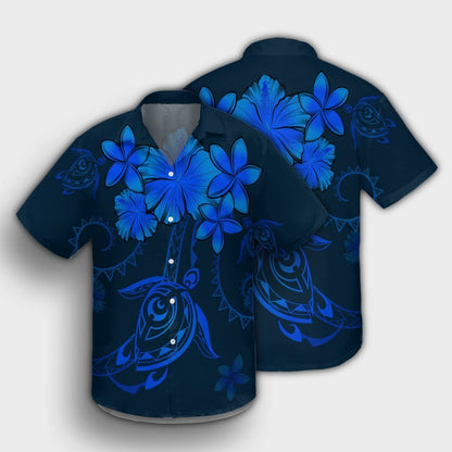 Hawaiian Turtles Hibiscus Plumeria Polynesian Hawaiian Shirt - Blue - AH