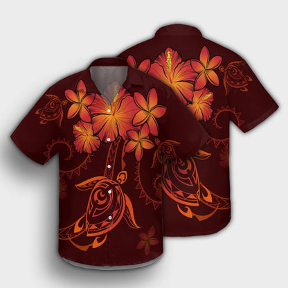 Hawaiian Turtles Hibiscus Plumeria Polynesian Hawaiian Shirt - Red - AH