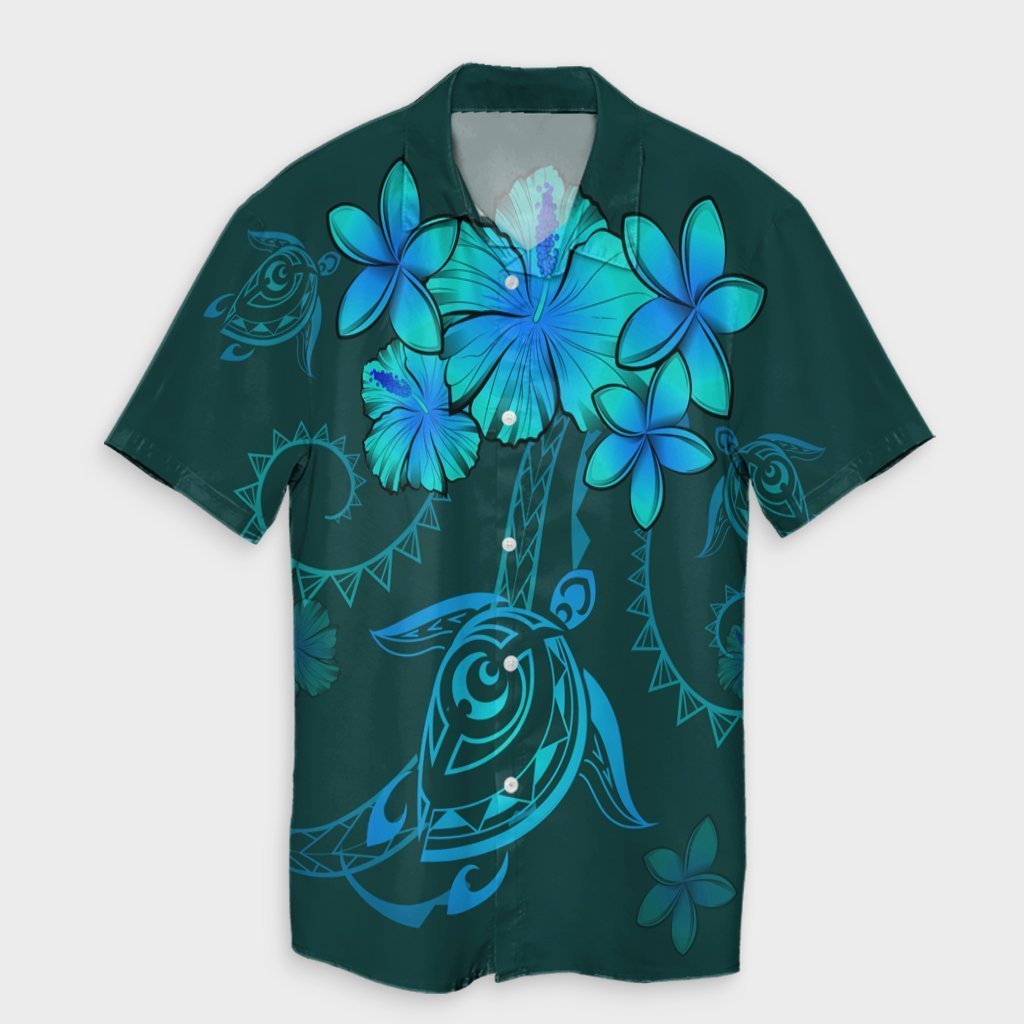 Hawaiian Turtles Hibiscus Plumeria Polynesian Hawaiian Shirt - Turquoise - AH