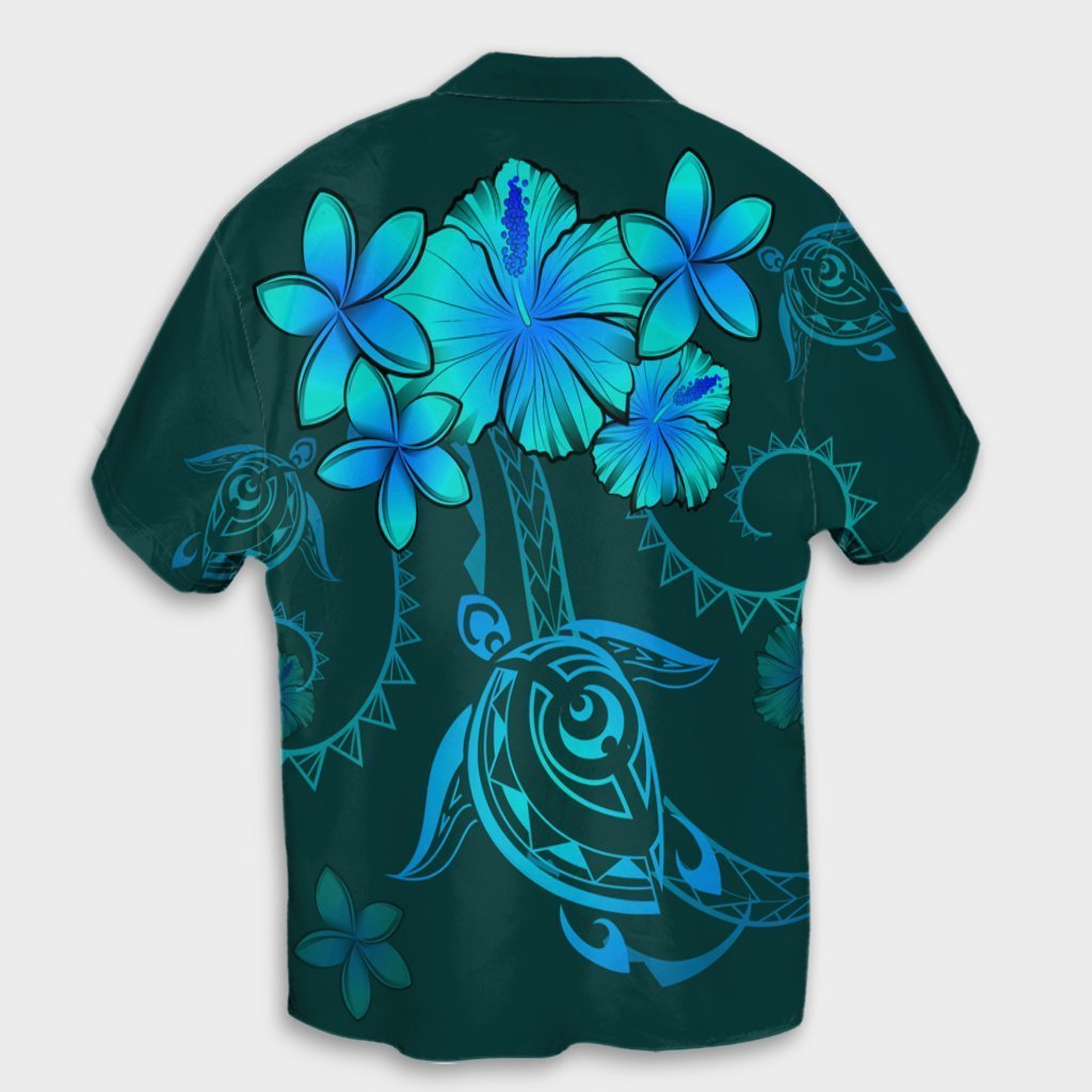 Hawaiian Turtles Hibiscus Plumeria Polynesian Hawaiian Shirt - Turquoise - AH