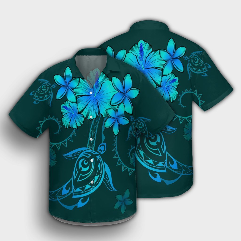 Hawaiian Turtles Hibiscus Plumeria Polynesian Hawaiian Shirt - Turquoise - AH