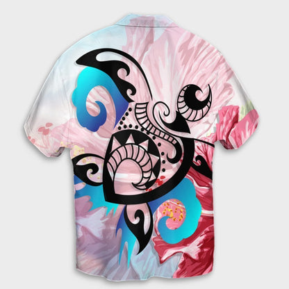 Hawaiian Wave Hibiscus Watercolor Turtle Polynesian Hawaiian Shirt - AH