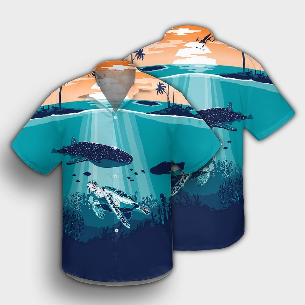 Hawaiian Whale And Turtle In Sunset Polynesian Hawaiian Shirt - AH