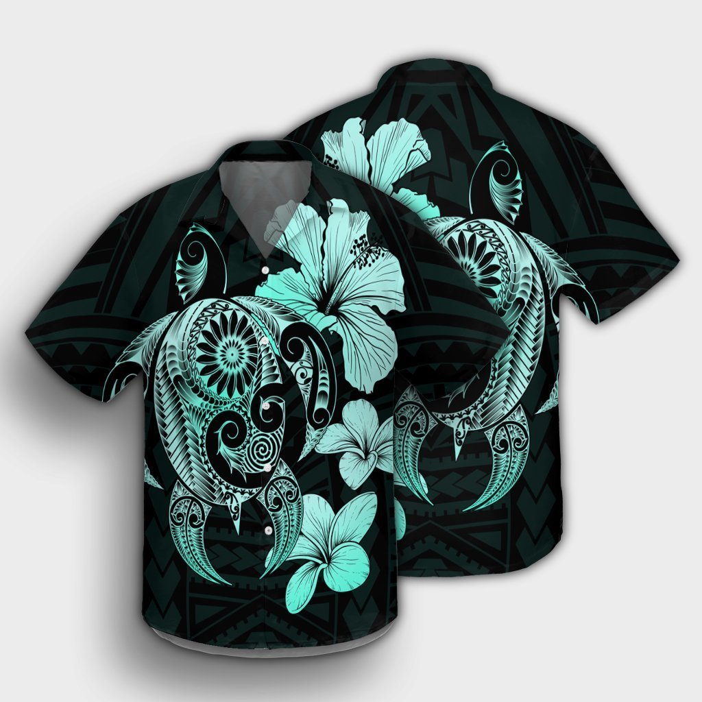 Hibiscus Plumeria Mix Polynesian Turtle Hawaiian Shirt Turquoise - AH