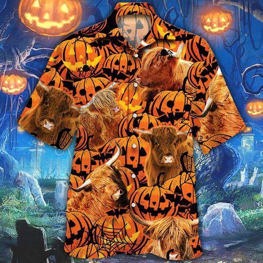 Highland Cattle Halloween Pumpkin Hawaiian Shirt | For Men & Women | Adult | HW8769