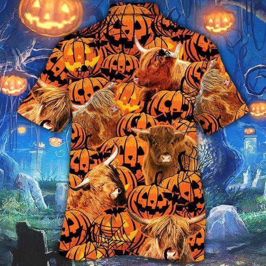 Highland Cattle Halloween Pumpkin Hawaiian Shirt | For Men & Women | Adult | HW8769