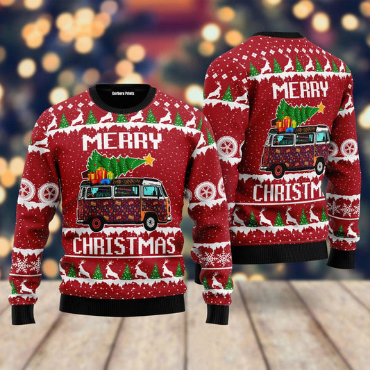 Hippie Car Merry Christmas Ugly Christmas Sweater 