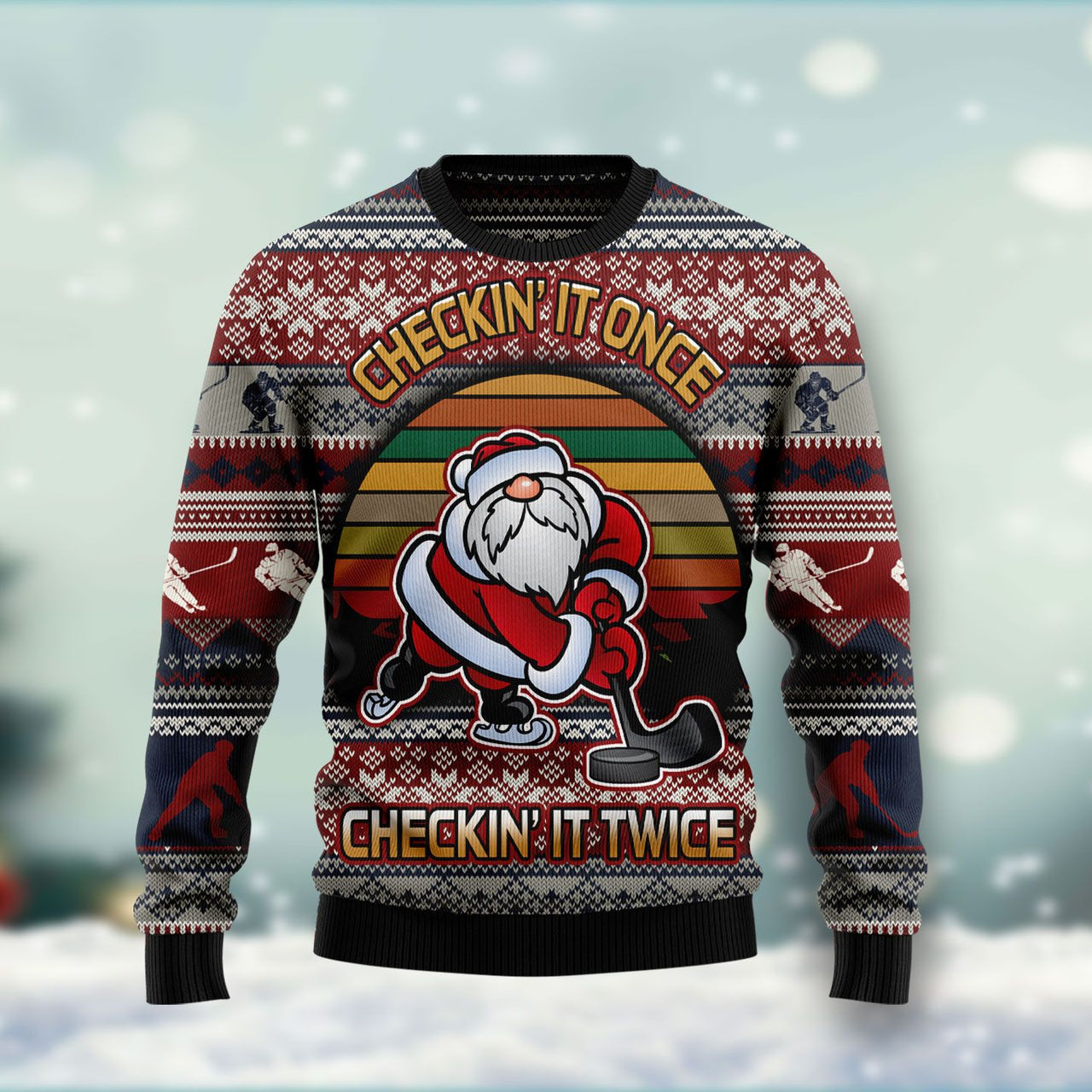 Hockey Checking It Once Checking It Twice Ugly Christmas Sweater 