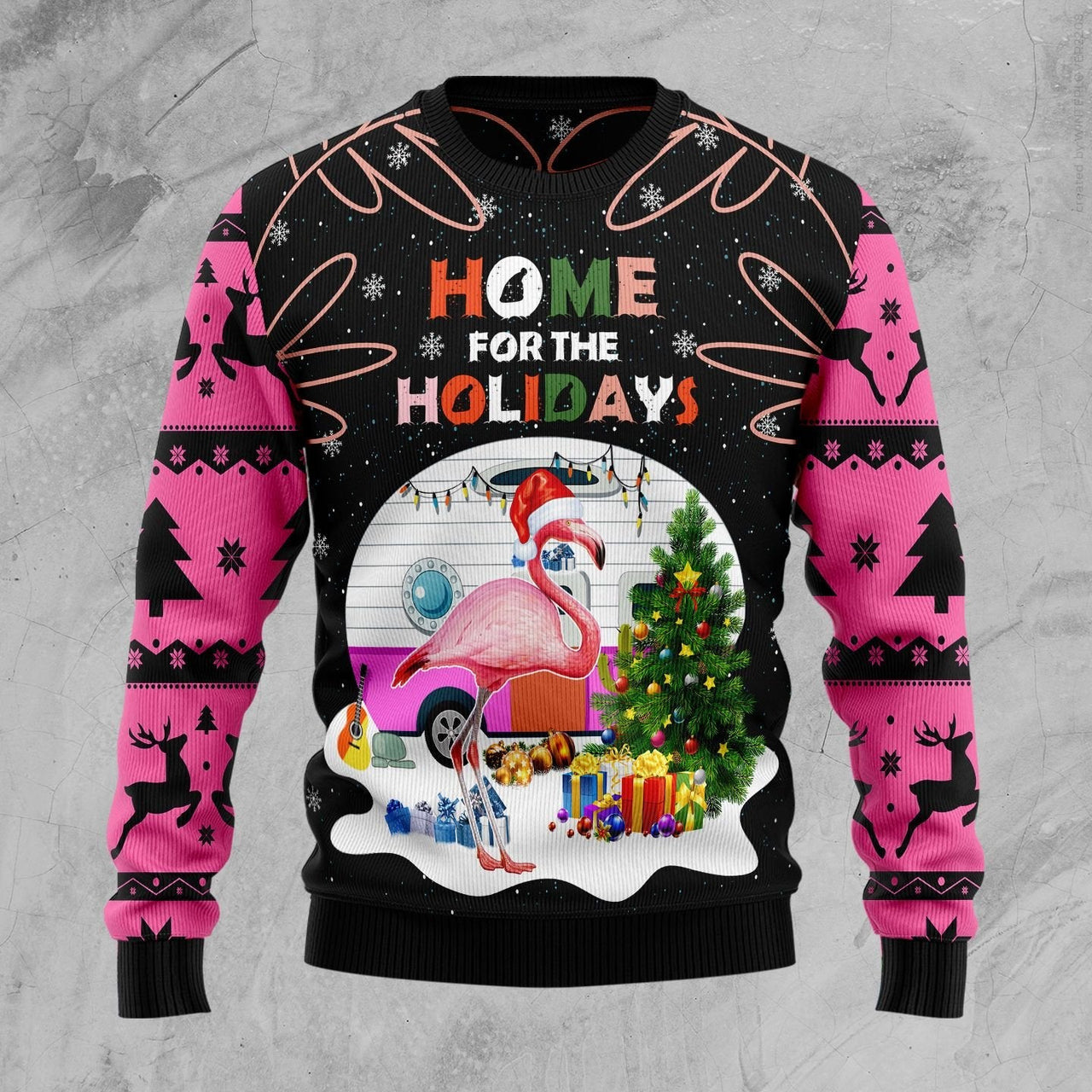 Home For The Holidays Flamingo Xmas Ugly Christmas Sweater 