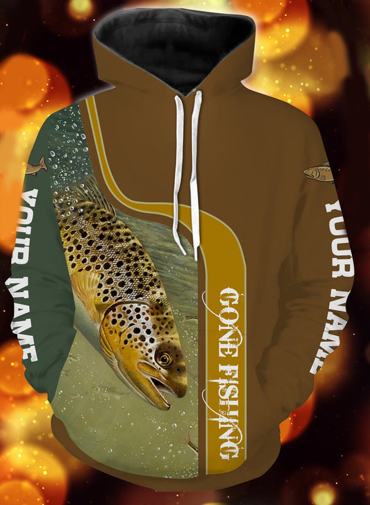 Personalized name brown trout gone fishing full printing shirt and hoodie - TATS46 Hoodie