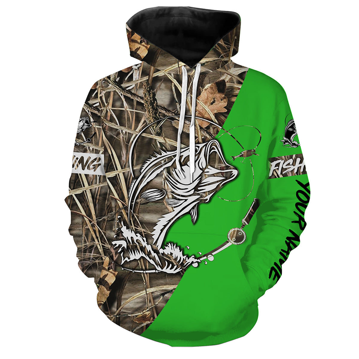 Bass Customized Name fishing tattoo green camo all-over print shirts - FSA35 Hoodie