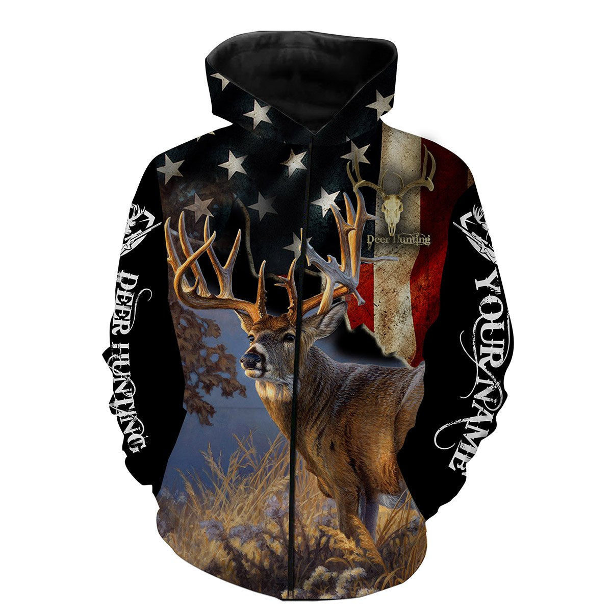 Deer Hunting US Flag Full Printing Custom Name Shirt Personalized Gift TATS107 Zip up hoodie