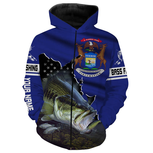 Michigan Bass Fishing Customize Name 3D All Over Print Shirts  Zip Up Hoodie Zip Up Hoodie