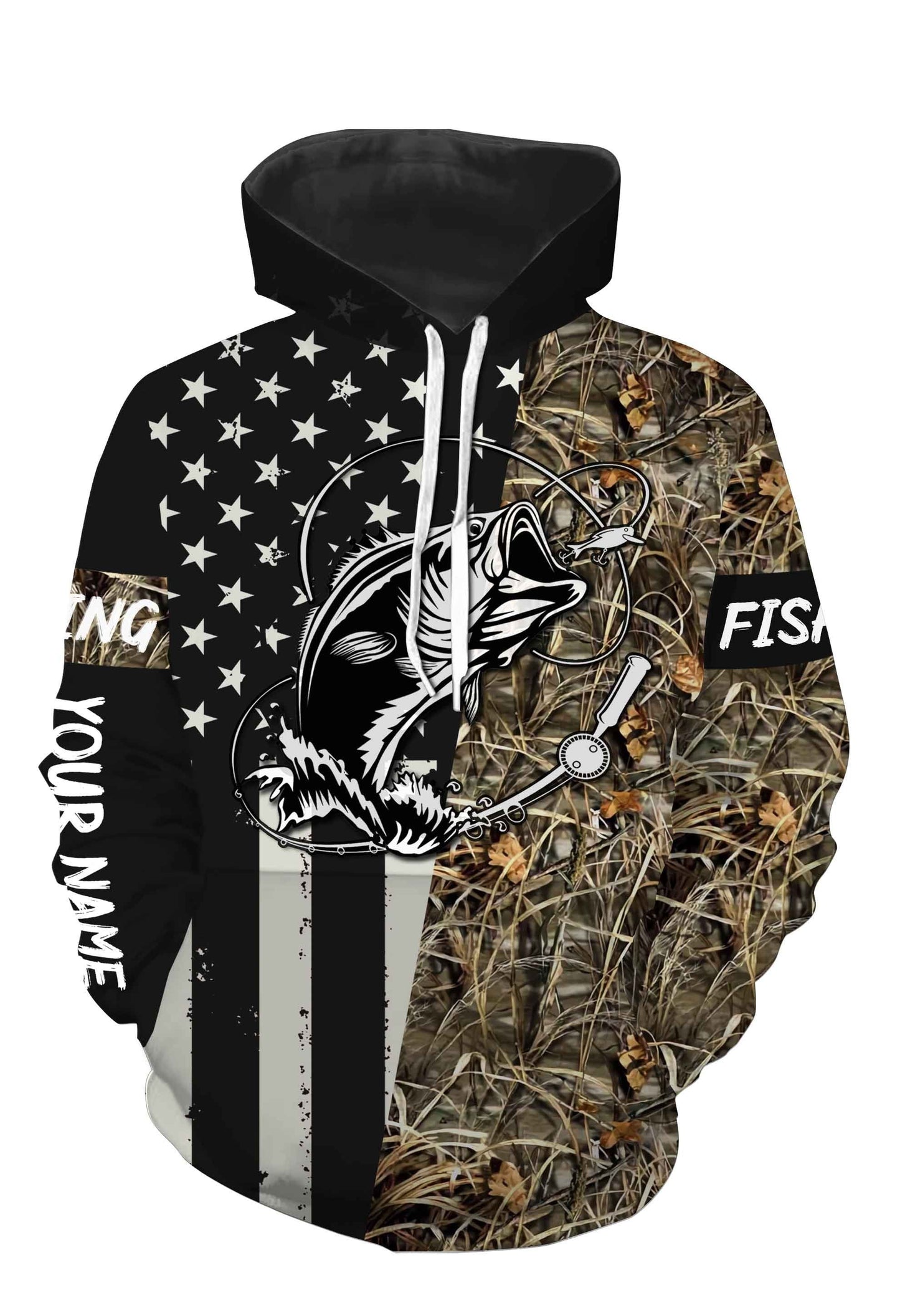 Bass Fishing US Flag Lake Camo Custom Name Full Printing Shirts Personalize Gift TATS110 Hoodie