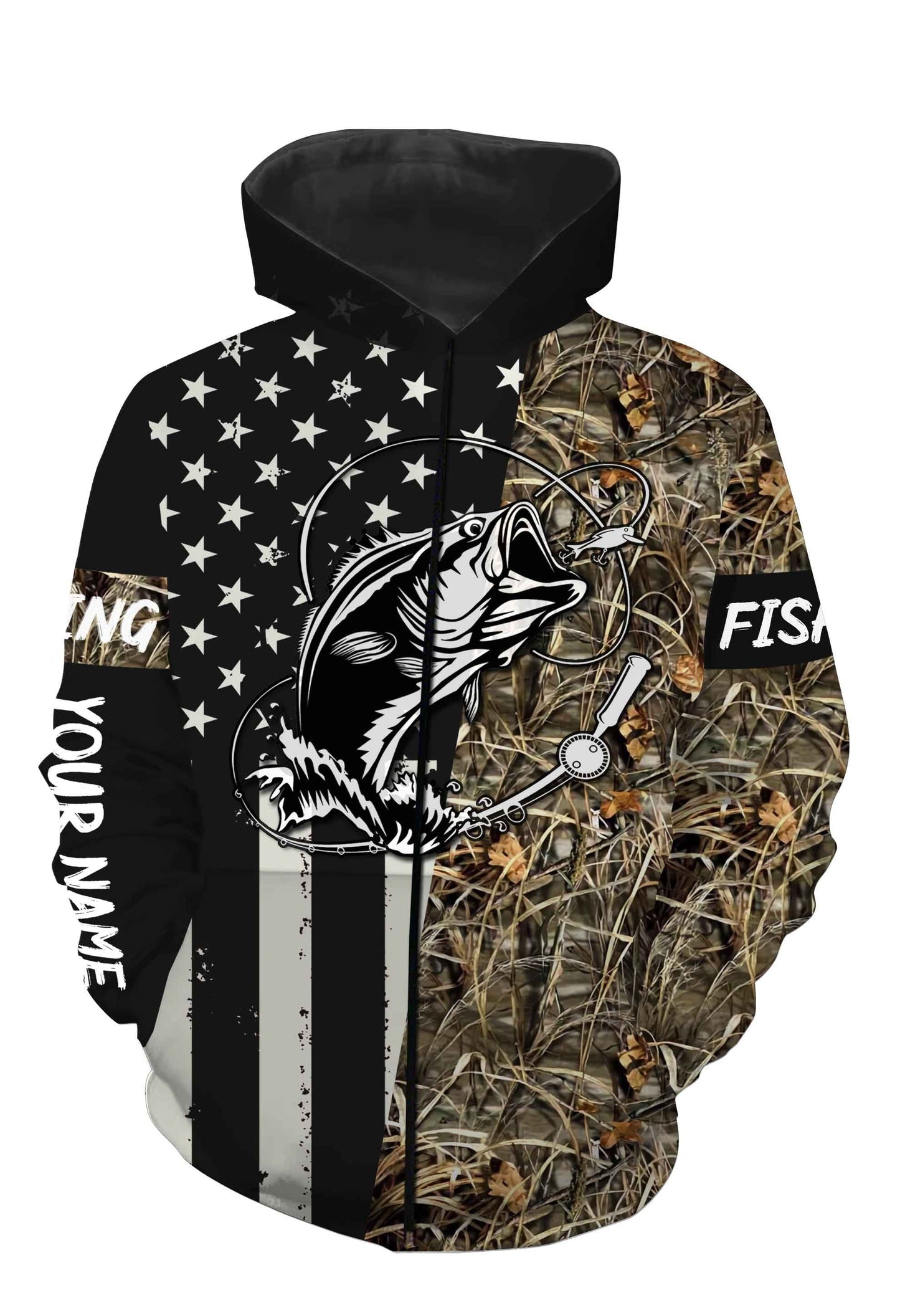 Bass Fishing US Flag Lake Camo Custom Name Full Printing Shirts Personalize Gift TATS110 Zip up hoodie