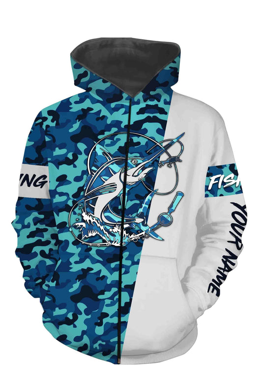 Swordfish Fishing Sea Camo Custom Name Full Printing Shirts Personalized Gift TATS114 Zip up hoodie