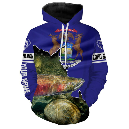 Coho Salmon Fishing Michigan Flag Custom Name All Over Print Shirt  Hoodie Hoodie