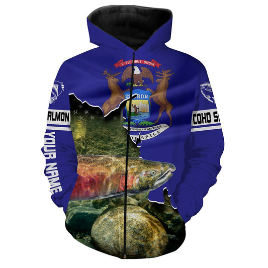 Coho Salmon Fishing Michigan Flag Custom Name All Over Print Shirt  Zip Up Hoodie Zip Up Hoodie