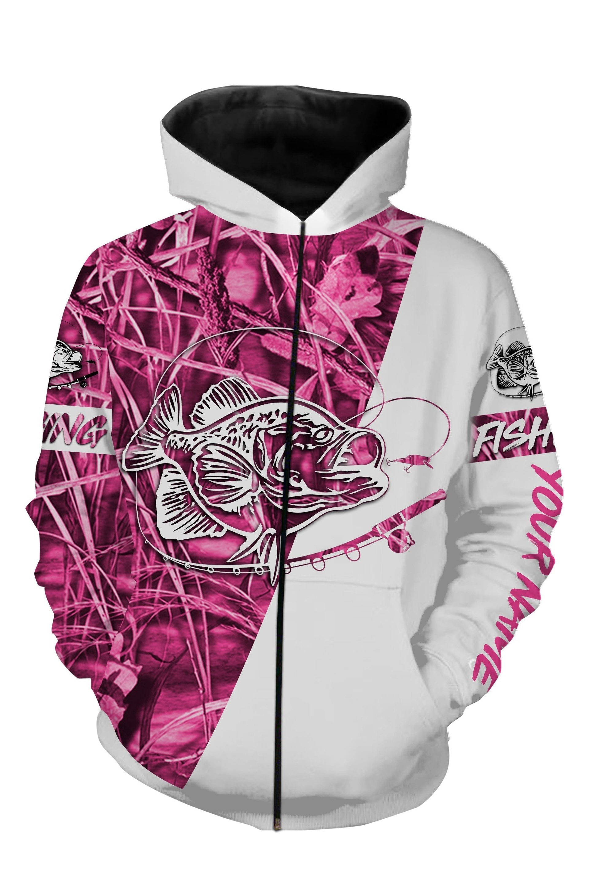 Crappie Fishing Pink Tattoo Custome Name 3D All Over Printed Shirts Personalized Fishing gift For Adult And Kid NQS347 Zip up hoodie