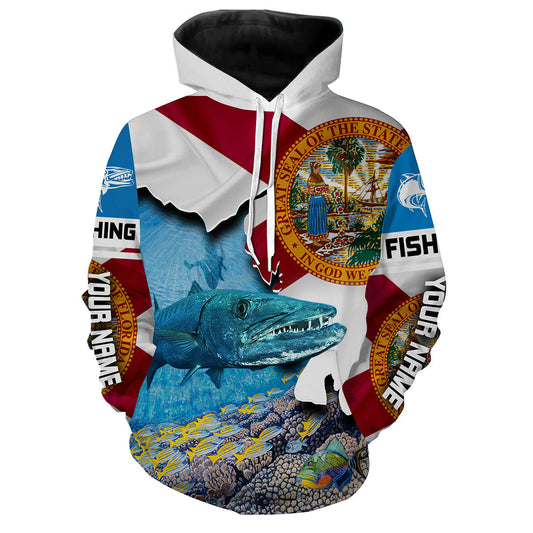 Great Barracuda Fishing 3D Florida Flag Patriot Custom name All over print shirts - personalized fishing gift for men Hoodie