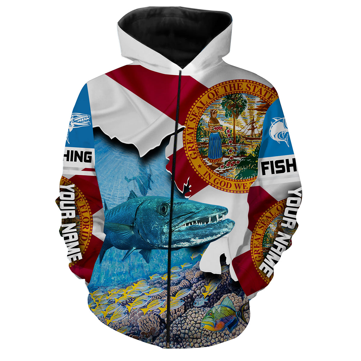 Great Barracuda Fishing 3D Florida Flag Patriot Custom name All over print shirts - personalized fishing gift for men Zip up hoodie