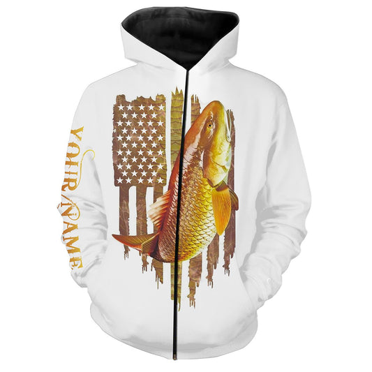 Redfish Puppy Drum American Flag Custom name Fishing Shirts Zip up hoodie