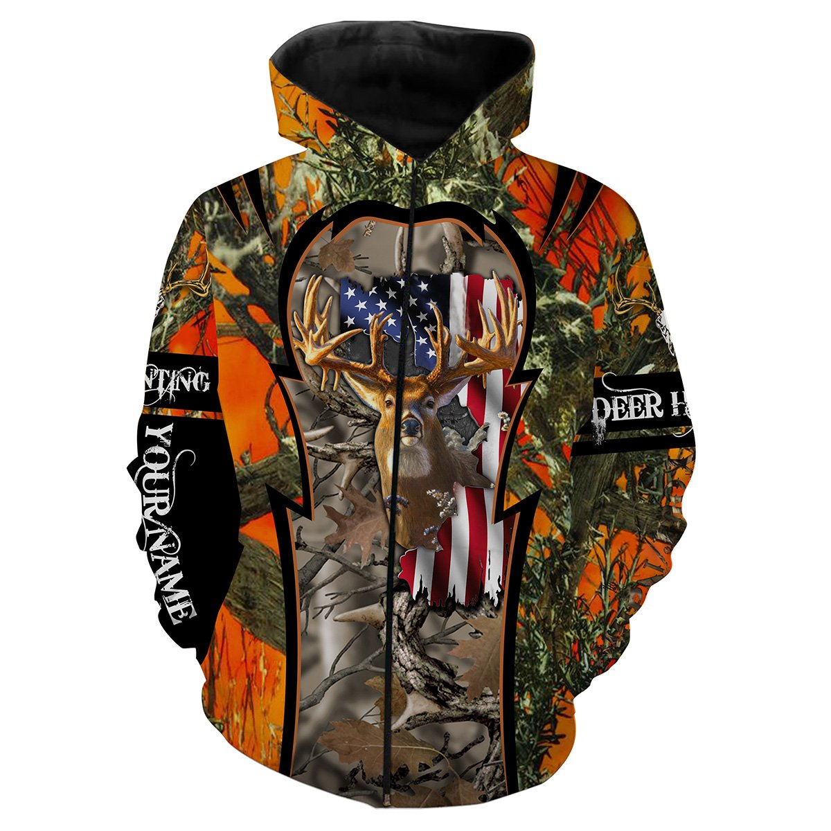 Deer Hunting American Flag 4th of July Orange Camo Custom name All over print shirts - personalized Patriotic hunting gift for men Zip up hoodie