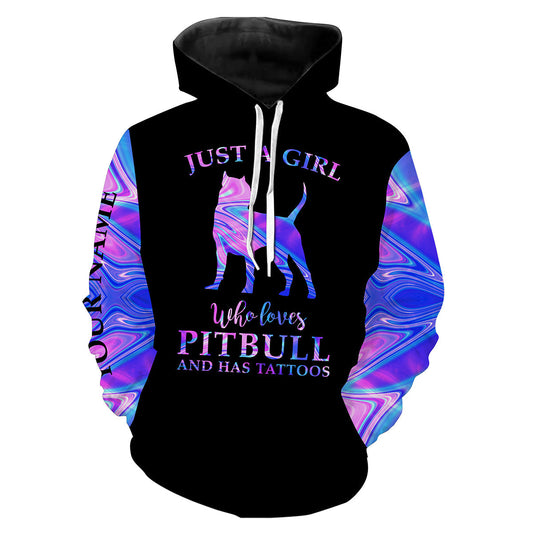 Galaxy Pitbull Dog Shirts Custom All Over Printed Shirts For Pitbull Lovers Saying "Just A Girl Who Loves Pitbull And Has Tattoos"  Hoodie Hoodie