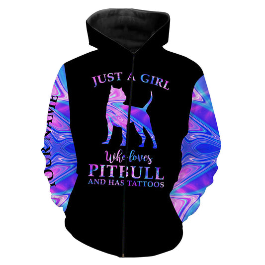 Galaxy Pitbull Dog Shirts Custom All Over Printed Shirts For Pitbull Lovers Saying "Just A Girl Who Loves Pitbull And Has Tattoos"  Zip Up Hoodie Zip Up Hoodie