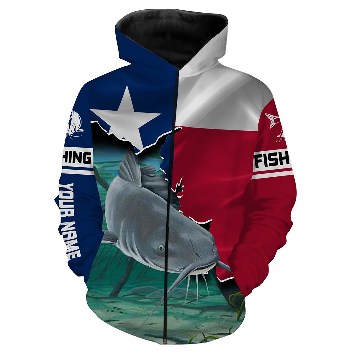 Blue Catfish Fishing Texas Flag Patriot Custom name All over print shirts - personalized fishing gift for men Zip up hoodie