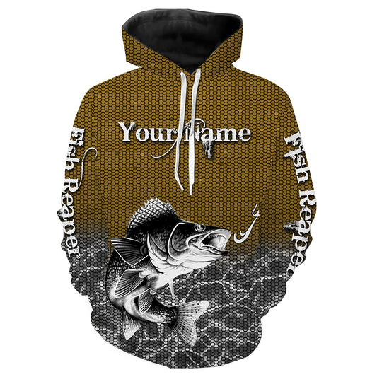 Walleye Fishing Fish Reaper Custom Name All Over Print Shirts Personalized Fishing Gift For Men Hoodie Hoodie