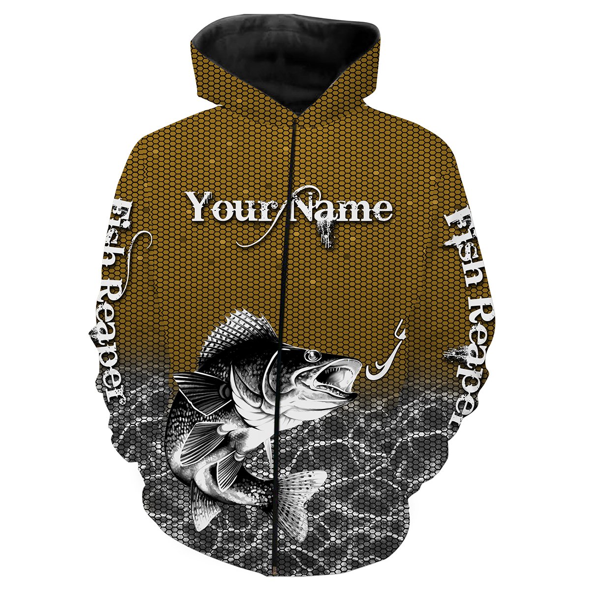 Walleye Fishing Fish Reaper Custom Name All Over Print Shirts Personalized Fishing Gift For Men Zip Up Hoodie Zip Up Hoodie