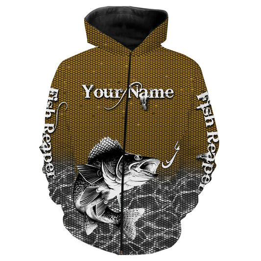 Walleye Fishing Fish Reaper Custom Name All Over Print Shirts Personalized Fishing Gift For Men Zip Up Hoodie Zip Up Hoodie