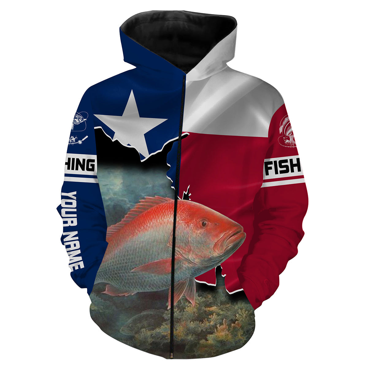 Red Snapper Fishing 3D Texas Flag Patriot Custom name All over print shirts - personalized fishing gift for men Zip up hoodie