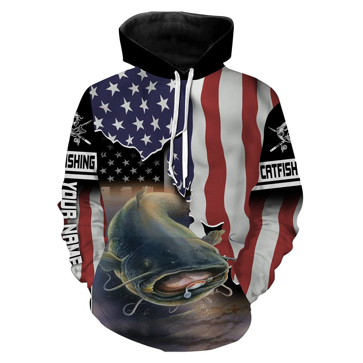 Flathead Catfish Fishing American Flag Custom Long Sleeve Fishing Shirts Hoodie