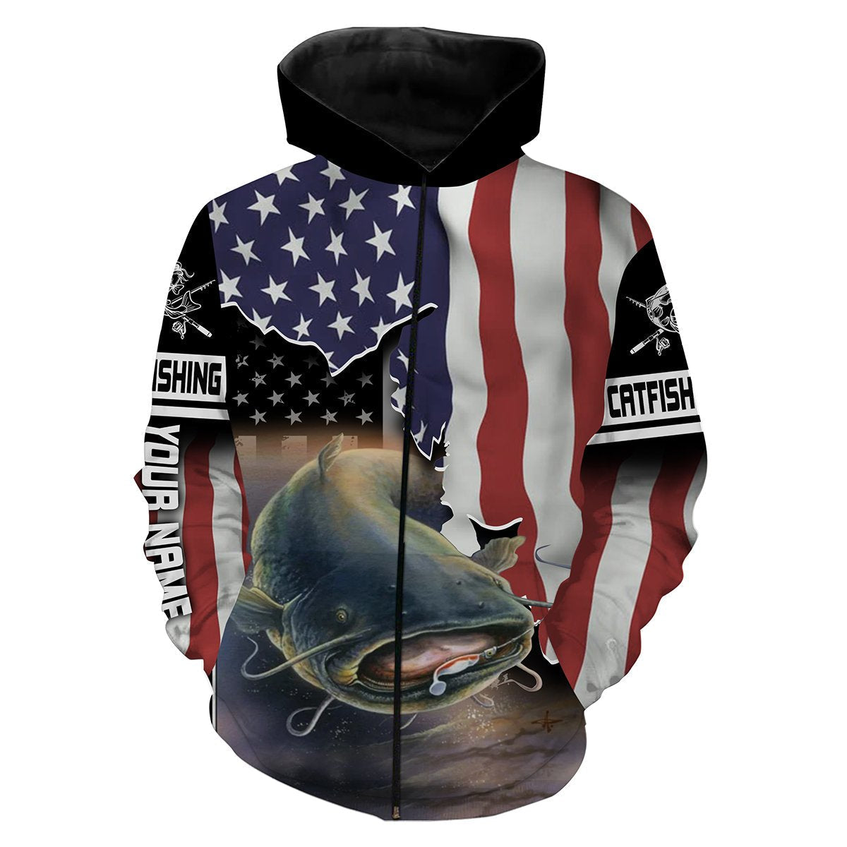 Flathead Catfish Fishing American Flag Custom Long Sleeve Fishing Shirts Zip up hoodie