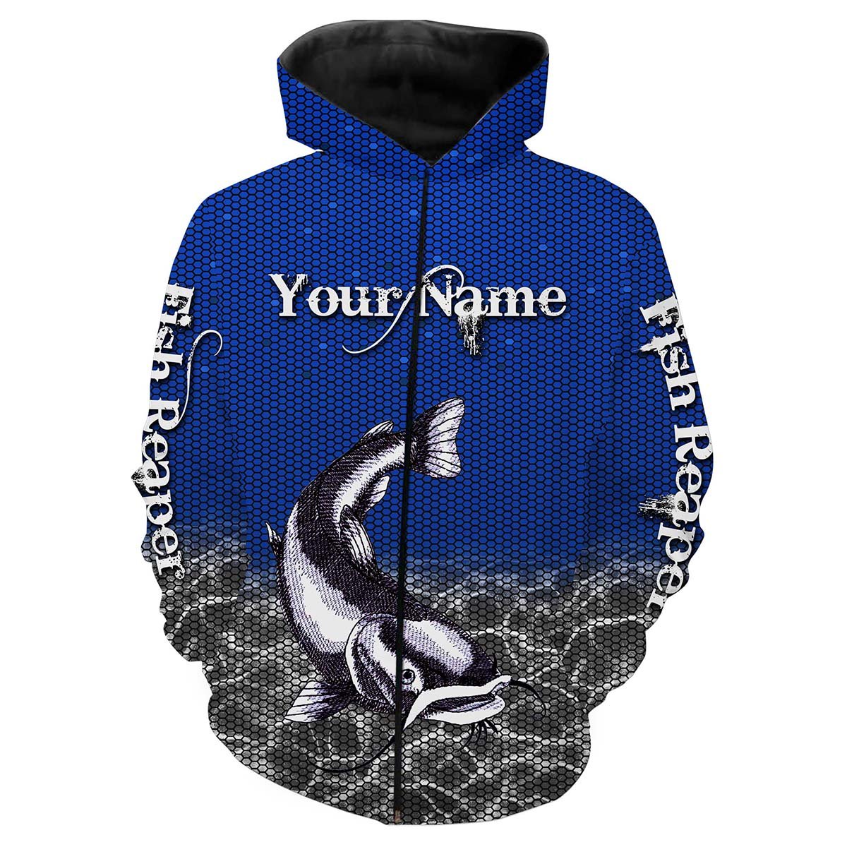 Flathead Catfish fishing Fish Reaper Customize name All over print shirts Personalized Fishing gift for men and women - IPH1018 Zip up hoodie