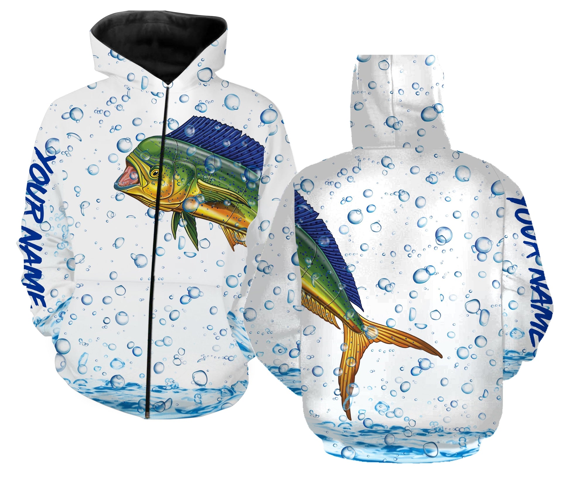 Mahi Mahi Fishing Wrap around bubbles Customize name All over print shirts - personalized funny fishing shirts for men Zip up hoodie