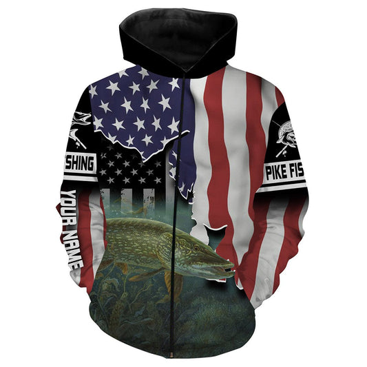 Northern Pike Fishing American Flag Custom Long Sleeve Fishing Shirts